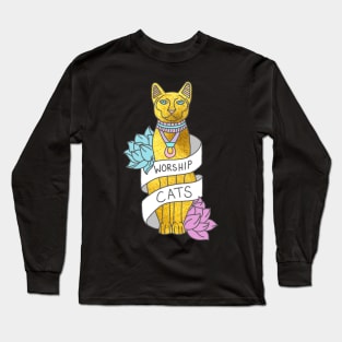 Worship Cats Kitten Sphynx Egyptian Typography Gold Meme Print Long Sleeve T-Shirt